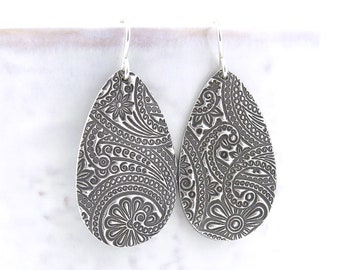 Long Silver Earrings Paisley Earrings Silver Dangle Earrings Unique Silver Jewelry Holiday Jewelry Handmade Gift for Women - Faith