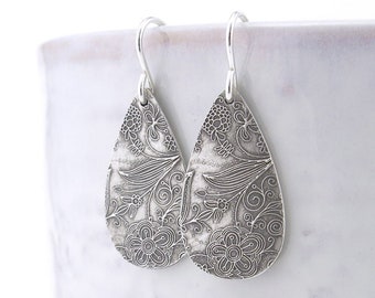 Simple Floral Earrings Sterling Silver Teardrop Earrings Flower Earrings Floral Jewelry Gift for Her Unique Handmade Jewelry - Abigail