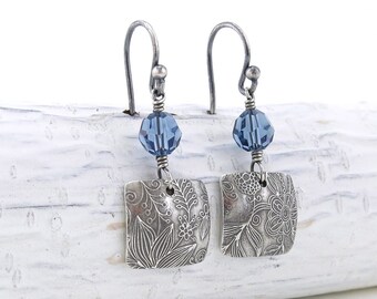 Denim Blue Earrings Dangle Crystal Earrings Floral Jewelry Simple Silver Jewelry Modern Handmade Jewelry  - Tracey