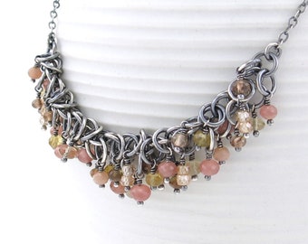 Citrine Necklace Silver Gemstone Statement Necklace Peach Rhodochrosite Sterling Silver Boho Necklace Unique Handmade Jewelry - Shaggy Loops