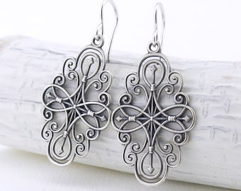 Long Silver Earrings Silver Filigree Earrings Compass Rose Jewelry Gift for Her Girlfriend Gift Sterling Silver Jewelry - Compass Rose