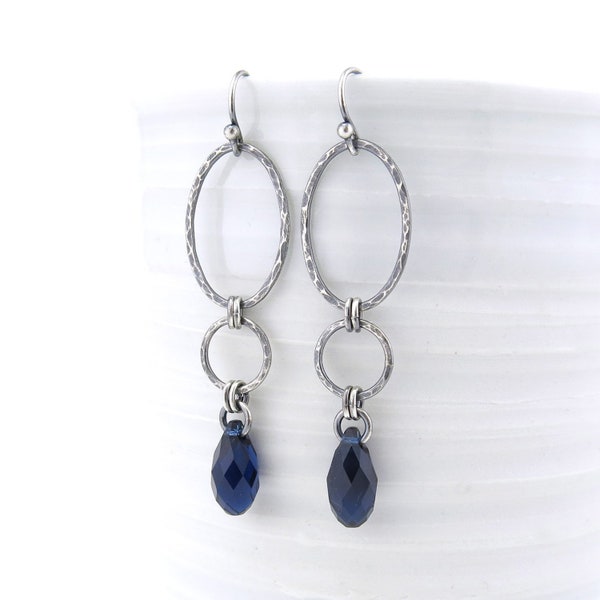 Navy Blue Earrings Sterling Silver Drop Earrings Long Earrings for Women Unique Handmade Jewelry Gift for Her - Adorned Aubrey