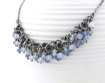 Tanzanite Necklace Silver Gemstone Statement Necklace Blue Topaz Chalcedony Sterling Silver Necklace Unique Handmade Jewelry - Shaggy Loops