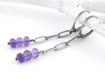 Amethyst Earrings Dangle Silver Earrings Lever Back Purple Gemstone Earrings Silver February Birthstone Silver Drop Earrings - Sophia