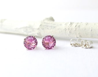 Pink Tourmaline Earrings Small Silver Stud Earrings Pink Tourmaline Stud Earrings October Birthstone Simple Jewelry Handmade Gift for Her