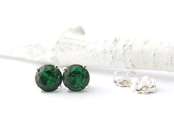 Emerald Earrings Small Silver Earrings Emerald Stud Earrings Gemstone Post Earrings 6mm May Birthstone Green Earrings Holiday Gift for Her
