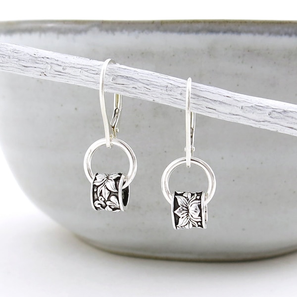 Tiny Sterling Silver Hoop Earrings – Lotus Bead, Lever Back