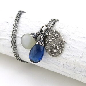 Blue Sapphire Quartz Gray Moonstone Silver Charm Necklace - Solo