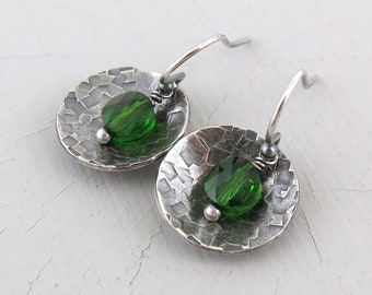 Dainty Green Earrings Silver Earrings Hammered Silver Drop Earrings Simple Handmade Sterling Silver Jewelry Gift for Her - Contrast