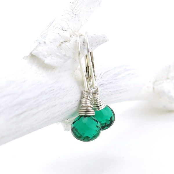 Tiny Emerald Earrings Silver Earrings Lever Back Silver Drop Earrings May Birthstone Quartz Gemstone Earrings Gift for Her - Petite Drops