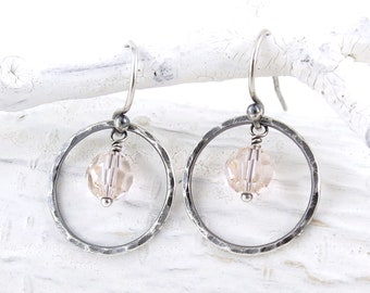 Dainty Blush Crystal Earrings Hoop Earrings Small Silver Earrings Beige Crystal Dangle Earrings Unique Handmade Jewelry - Dainty Dot