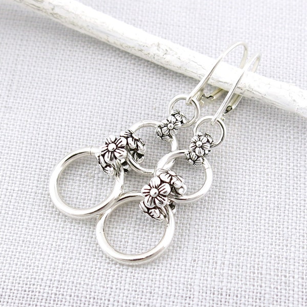 Simple Silver Dangle Earrings Silver Earrings Flower Bead Earrings Lever Back Earrings Silver Flower Garden Jewelry Gift - Modern Edge