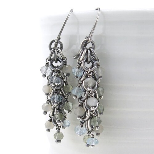 Moss Aquamarine Earrings Gemstone Beaded Earrings Silver Drop Earrings Green shops Earrings Silver Jewelry Beaded Jewelry Gift - Shaggy Loops