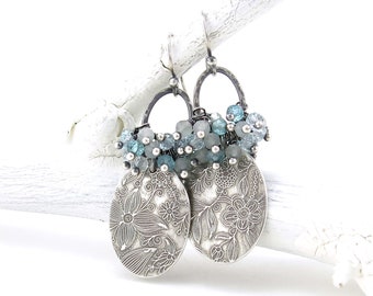 Swiss Blue Topaz Gemstone Cluster Earrings Chalcedony Apatite Statement Jewelry Beaded Earrings Unique Gift for Her - Elizabeth