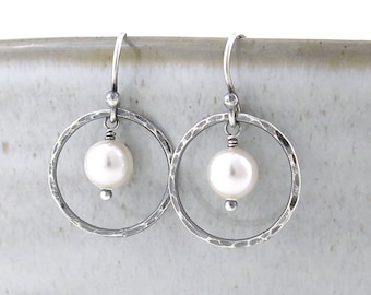Modern Pearl Earrings Dangle Earrings Small Silver Hoop Earrings Unique Rustic Jewelry Handmade Jewelry - Dainty Dot
