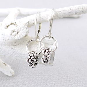 Dainty Silver Hoop Earrings Silver Earrings Tiny Wildflower Earrings Lever Back Earrings Floral Bead Earrings Minimalist Modern Edge image 1