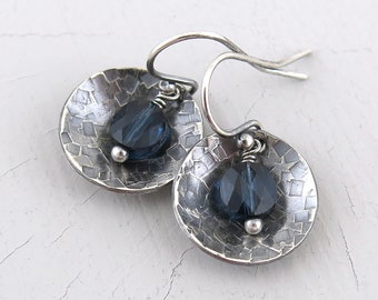 Dainty Sapphire Earrings Silver Earrings Hammered Silver Drop Earrings Blue Earrings Simple Handmade Crystal Jewelry Gift for Her - Contrast