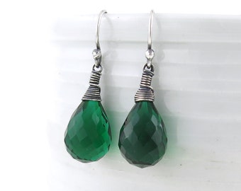 Handmade Emerald Quartz Earrings Silver Earrings Lever Back Silver Drop Earrings Dainty Gemstone Earrings Minimalist Jewelry - Petite Drops