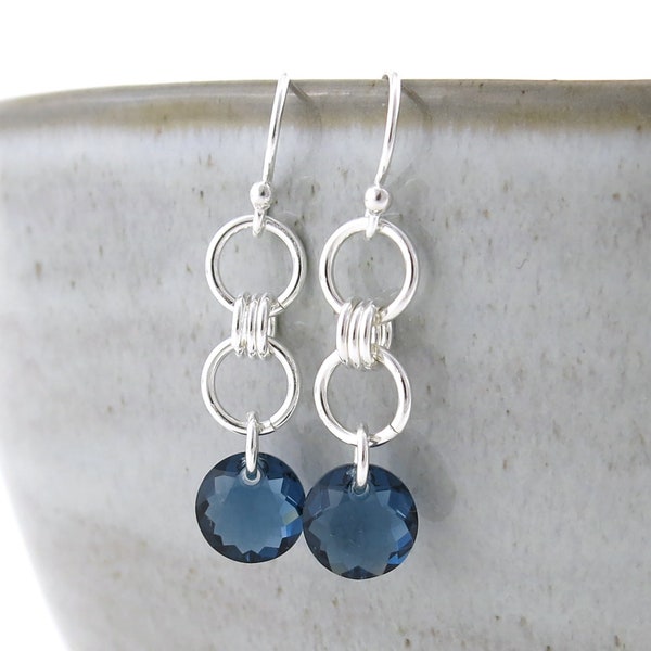 Dainty Sapphire Earrings Silver Circle Earrings Blue Crystal Dangle Silver Earrings Drop Earrings September Birthstone Gift for Her - Elle