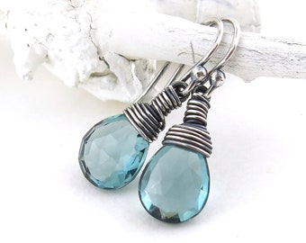 Dainty Aquamarine Quartz Earrings Silver Earrings Gemstone Silver Drop Earrings March Birthstone Gemstone Earrings Gift - Petite Drops