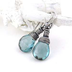 Dainty Aquamarine Quartz Earrings Silver Earrings Gemstone Silver Drop Earrings March Birthstone Gemstone Earrings Gift - Petite Drops