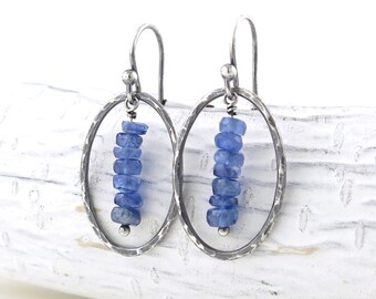 Kyanite Earrings Dangle Silver Earrings Simple Gemstone Earrings Denim Blue Earrings Silver Drop Earrings Mother's Day Gift - Simple Lines