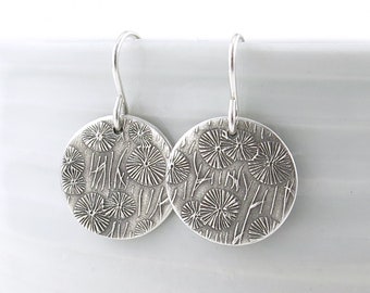 Handmade Sterling Silver Dandelion Earrings: Rustic Floral Jewelry