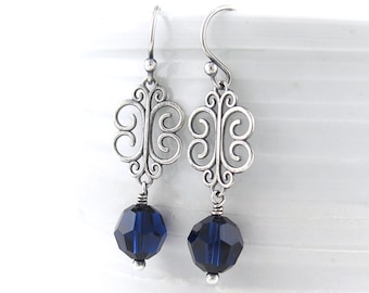 Navy Blue Earrings Silver Earrings Drop Earrings Indigo Crystal Silver Filigree Earrings Sterling Silver Handmade Jewelry - Petite Filigree