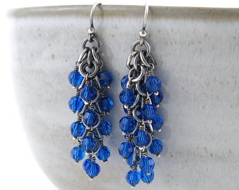 Cobalt Blue Earrings Silver Earrings Crystal Beaded Earrings Silver Drop Earrings Unique Silver Jewelry Gift for Her - Shaggy Loops