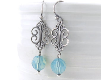 Light Blue Earrings Dangle Silver Earrings Air Blue Opal Crystal Silver Drop Earrings Sterling Silver Handmade Jewelry - Petite Filigree