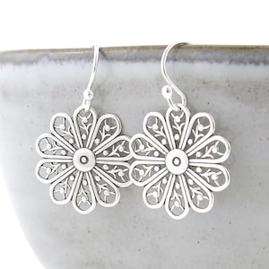 Tiny Silver Earrings Floral Filigree Earrings Silver Flower Earrings Silver Drop Earrings Silver Jewelry Gift for Her - Modern Edge
