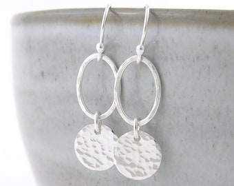 Oval Hoop Earrings Silver Earrings Silver Dangle Earrings Hammered Disk Earrings Drop Earrings Modern Jewelry Gift for Her - Payton