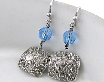 Aquamarine Earrings Dangle Blue Crystal Earrings Simple Silver Earrings Handmade Floral Jewelry Garden Lover Gift for Girlfriend - Tracey