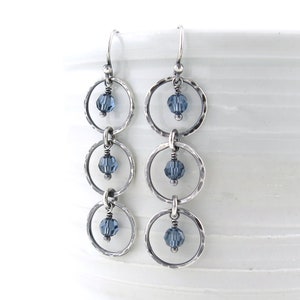 Denim Blue Earrings Silver Earrings Blue Crystal Earrings Silver Circle Earrings Silver Drop Earrings Long Beaded Earrings - Adorned Aria