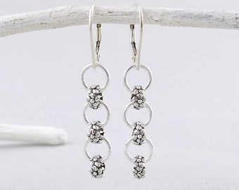 Simple Silver Dangle Earrings Silver Earrings Flower Bead Earrings Lever Back Earrings Silver Garden Jewelry Gift for Her - Modern Edge