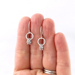 Dainty Silver Hoop Earrings Silver Earrings Tiny Wildflower Earrings Lever Back Earrings Floral Bead Earrings Minimalist Modern Edge image 2