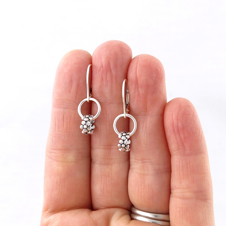 Dainty Silver Hoop Earrings Silver Earrings Tiny Flower Etsy