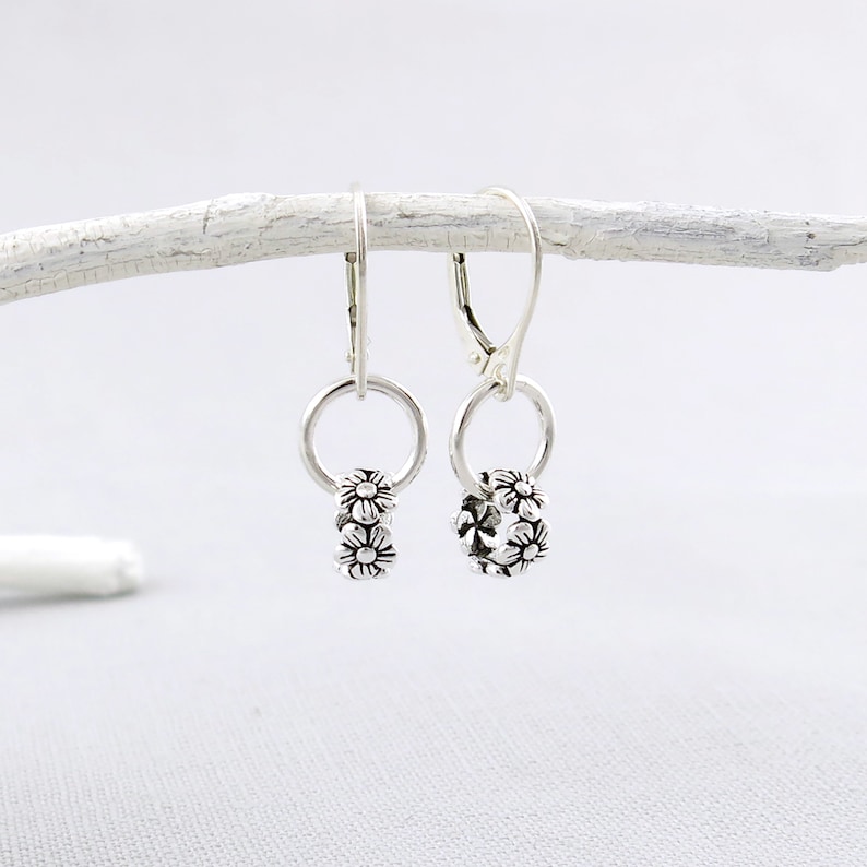 Dainty Silver Hoop Earrings Silver Earrings Tiny Flower Etsy