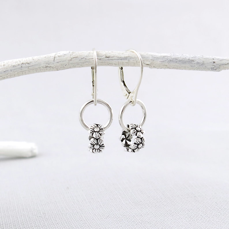 Dainty Silver Hoop Earrings Silver Earrings Tiny Wildflower Earrings Lever Back Earrings Floral Bead Earrings Minimalist Modern Edge image 7