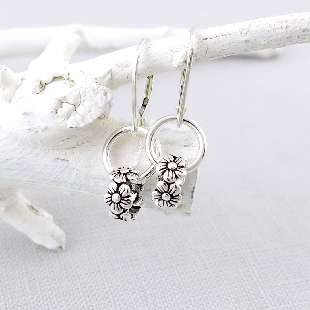 Dainty Silver Hoop Earrings Silver Earrings Tiny Wildflower Earrings