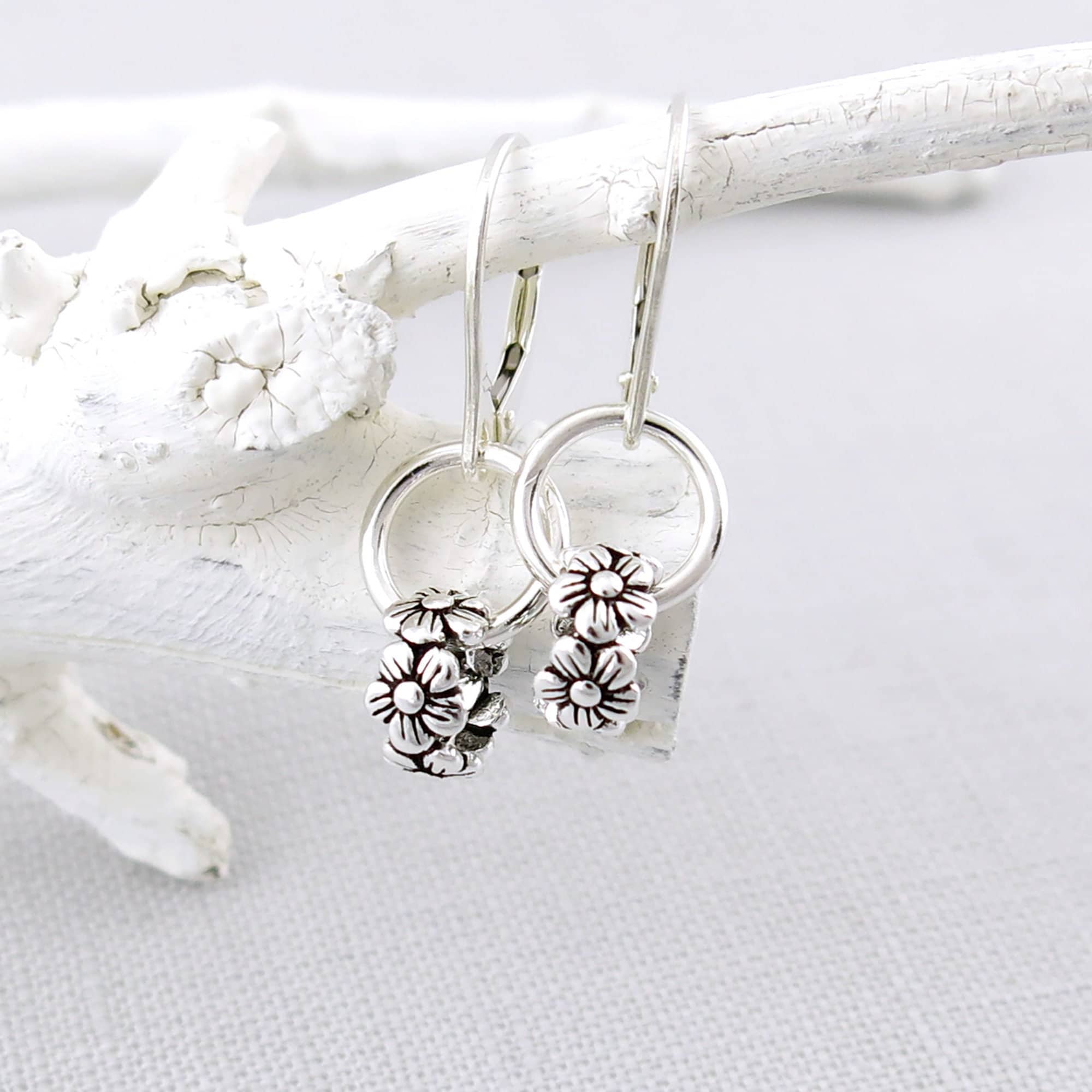 Dainty Silver Hoop Earrings Silver Earrings Tiny Wildflower Earrings Lever Back Earrings Floral Bead Earrings Minimalist - Modern Edge