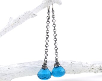 Teal Earrings Long Silver Earrings Quartz Earrings Dangle Silver Earrings Silver Chain Earrings Sterling Silver Drop Earrings - Chelsea