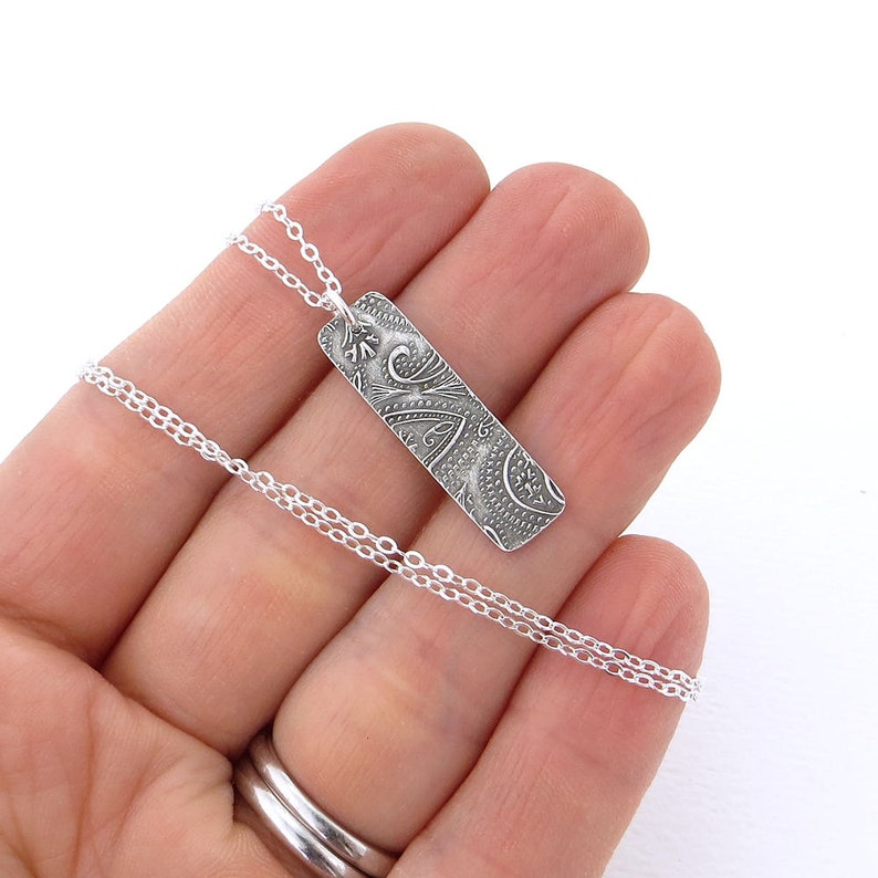 Sterling Silver Bar Necklace Pendant Rectangle Boho Necklace Unique Handmade Jewelry Holiday Gift for Her image 3