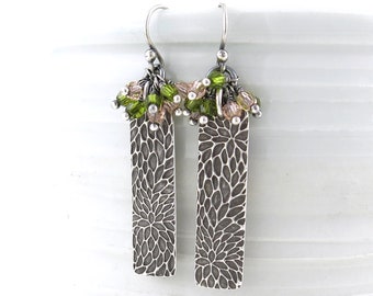 Green and Blush Earrings Dangle Silver Earrings Crystal Cluster Earrings Simple Floral Earrings Everyday Unique Silver Jewelry - Lily