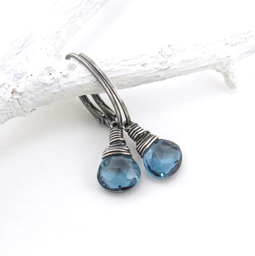 London Blue Quartz Earrings Dainty Silver Hoop Lever Back Etsy