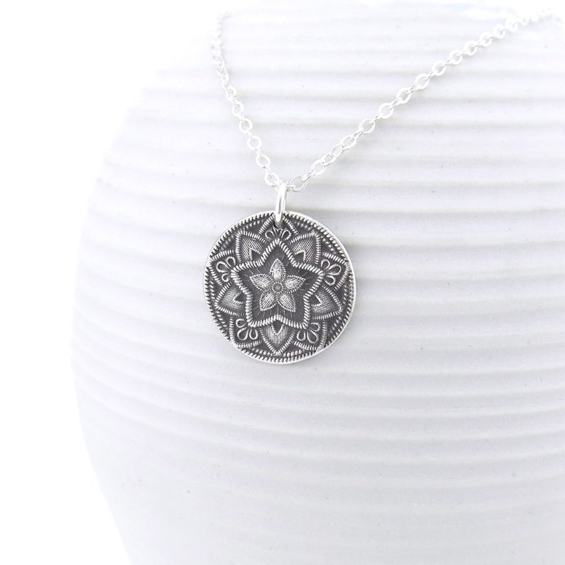 Sterling Silver Necklace Long Silver Necklace Silver Pendant Necklace Bohemian Jewelry Rustic Jewelry Layered Necklace Five Point Flower image 1