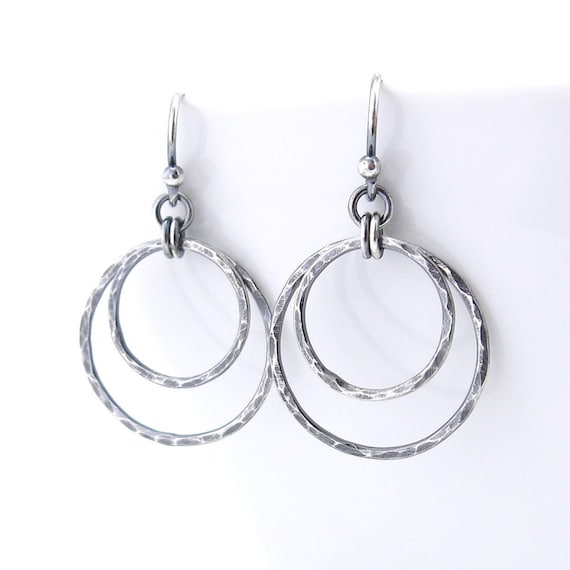 Oxidized Sterling Silver Circle Earrings – Handmade Hammered Drop - Shimmer Layers