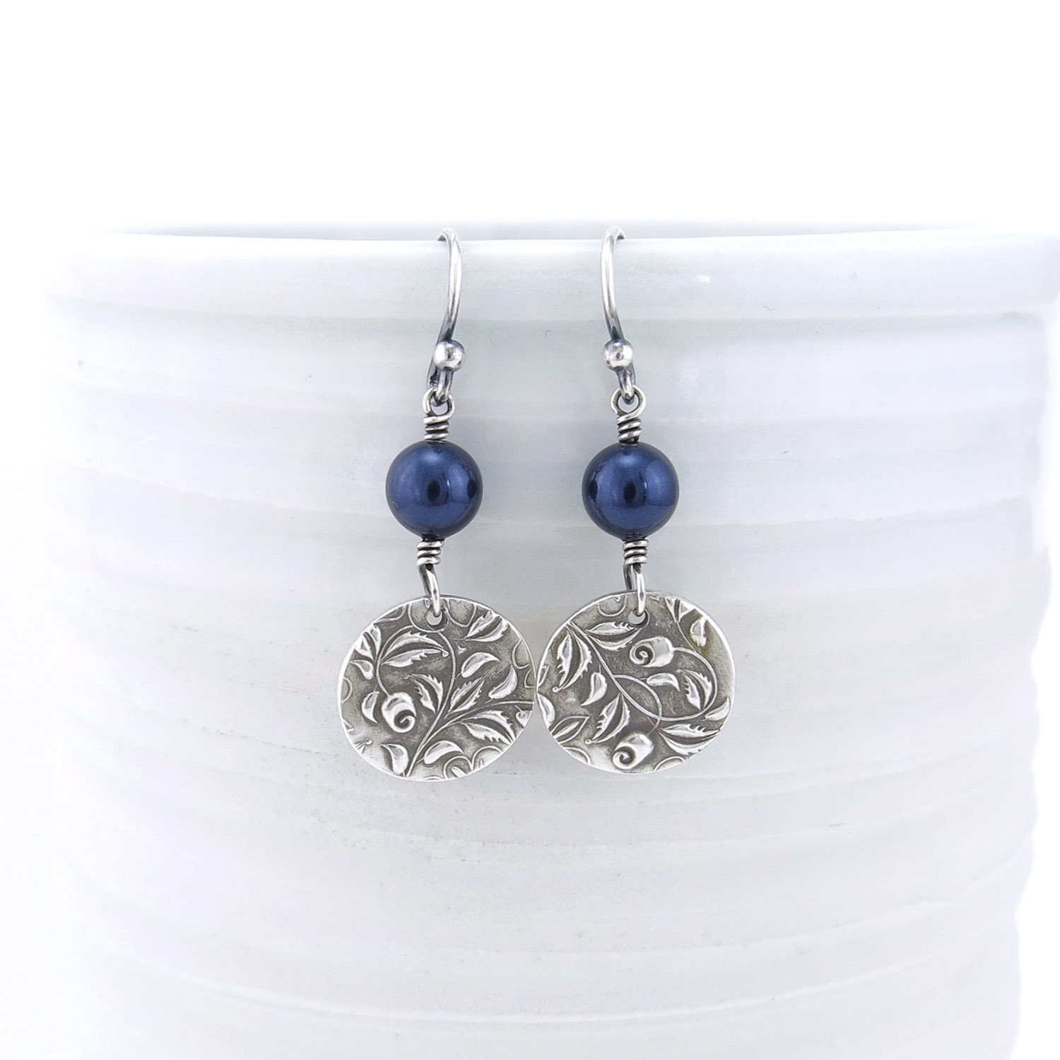 Navy Blue Pearl Earrings Dangle Pearl Drop Earrings Birthstone | Etsy