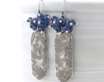 Long Kyanite Earrings Dangle Silver Earrings Blue Earrings Gemstone Earrings Unique Handmade Jewelry Gift for Wife Flower Lover - Lily