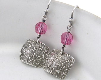 Pink Earrings Dangle Crystal Earrings Floral Jewelry Simple Silver Earrings Modern Handmade Jewelry Garden Lover Gift from Friend - Tracey